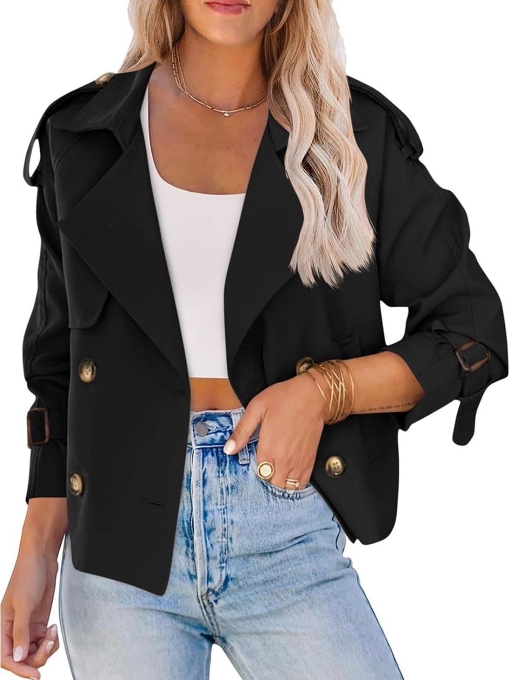 Black Double-Breasted Cropped Trench Jacket